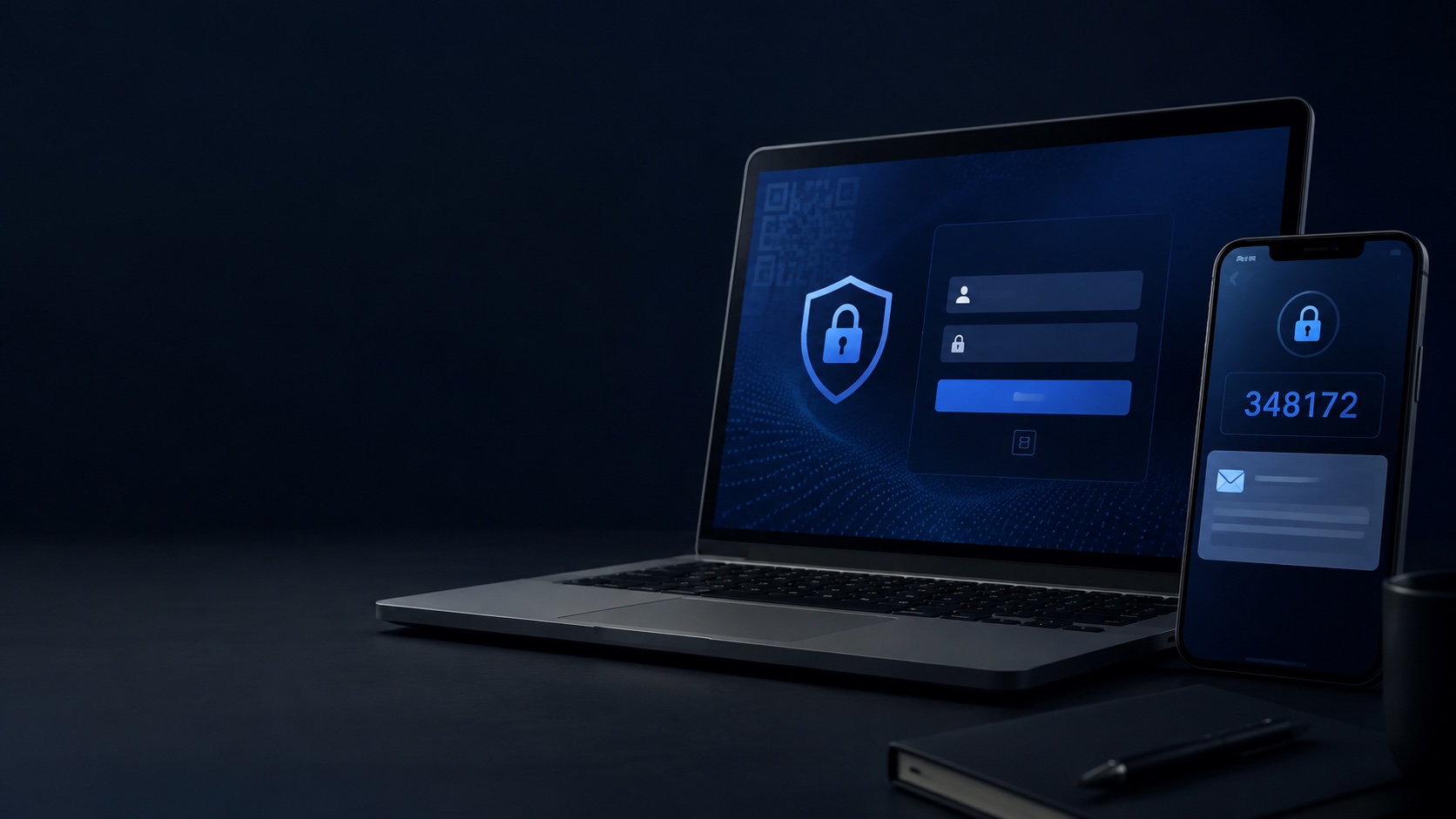 Computador e telemóvel com acesso digital protegido